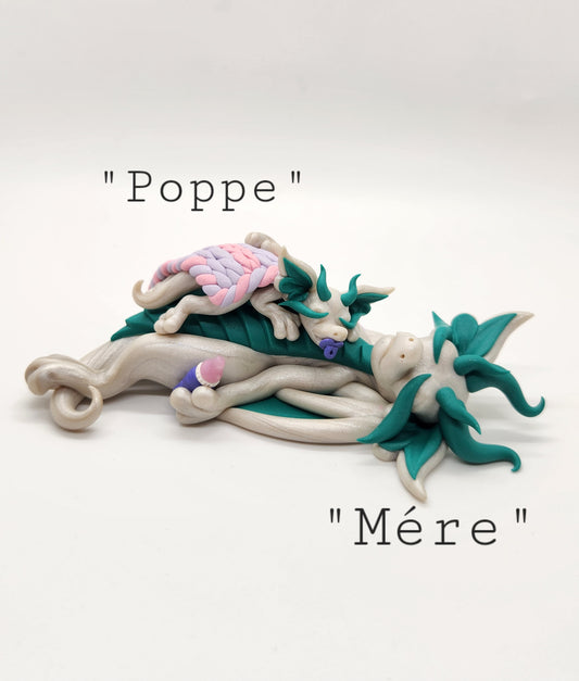 "Mére & Poppe" pearl and teal dragon mother and baby sculpture