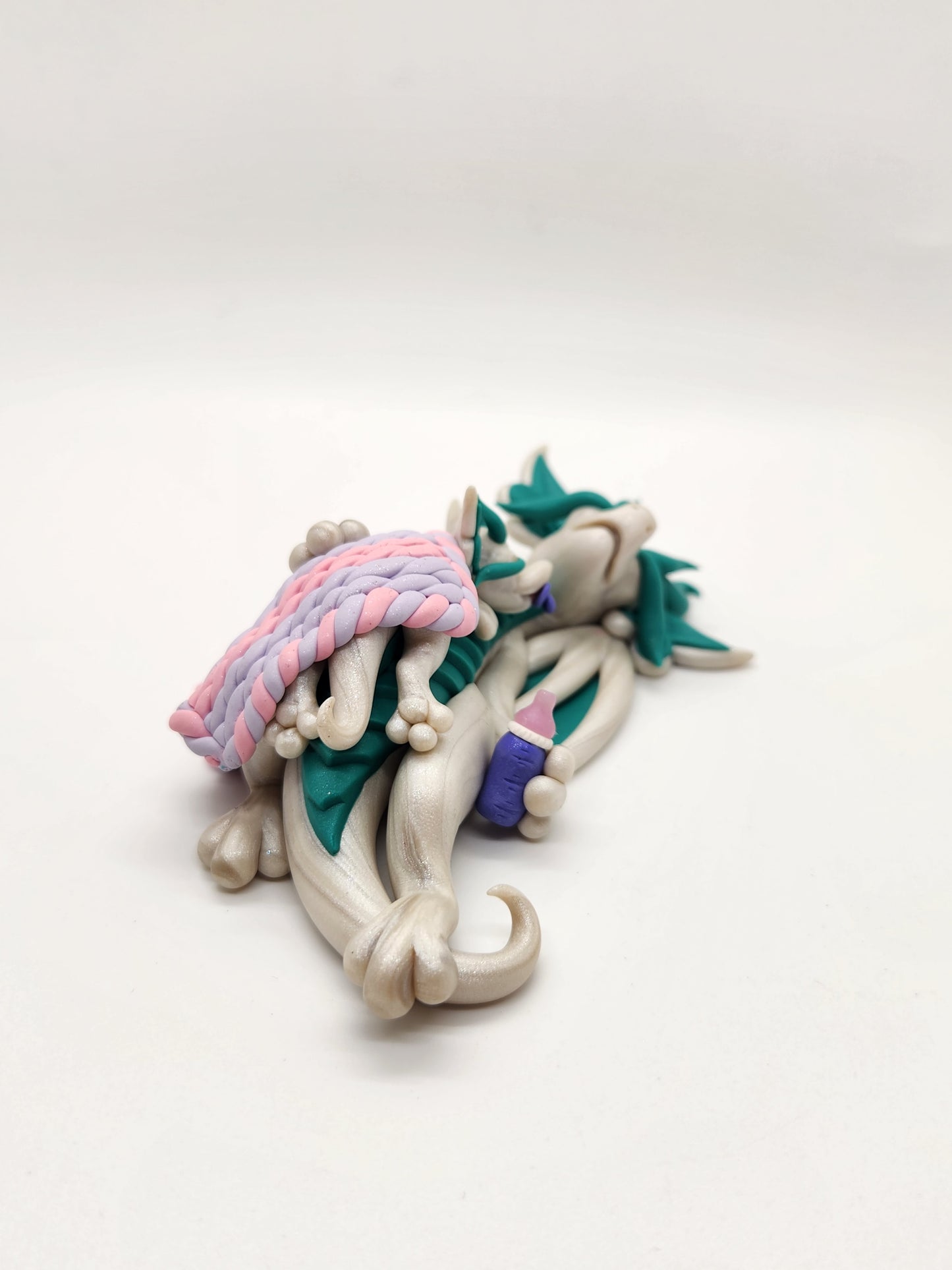 "Mére & Poppe" pearl and teal dragon mother and baby sculpture