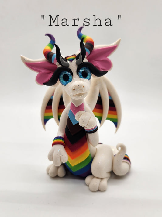 "Marsha" white and rainbow pride dragon sculpture