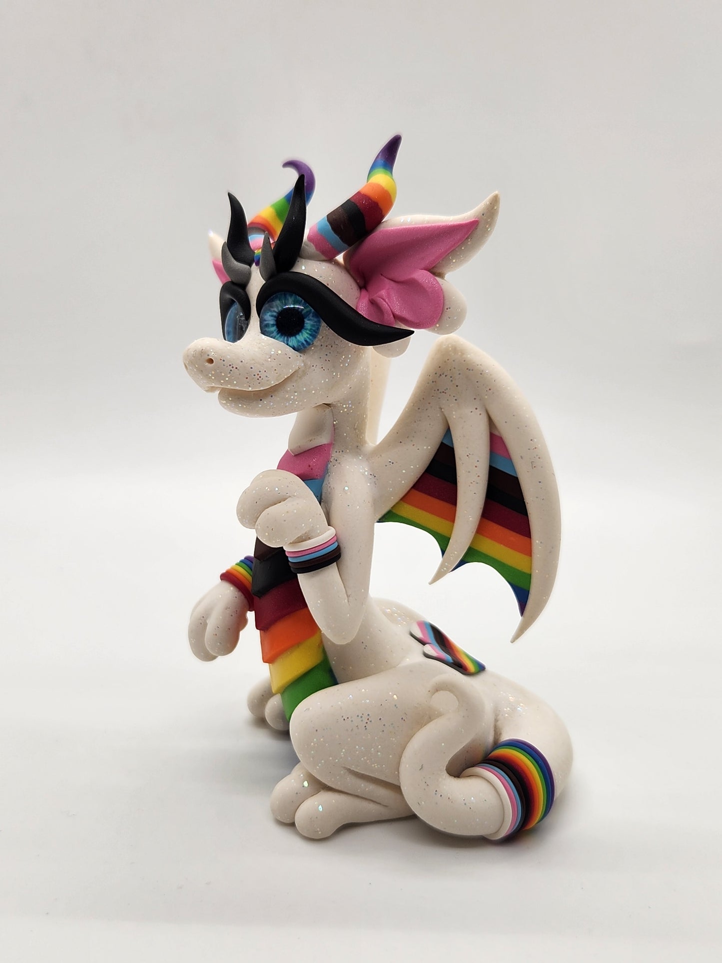 "Marsha" white and rainbow pride dragon sculpture