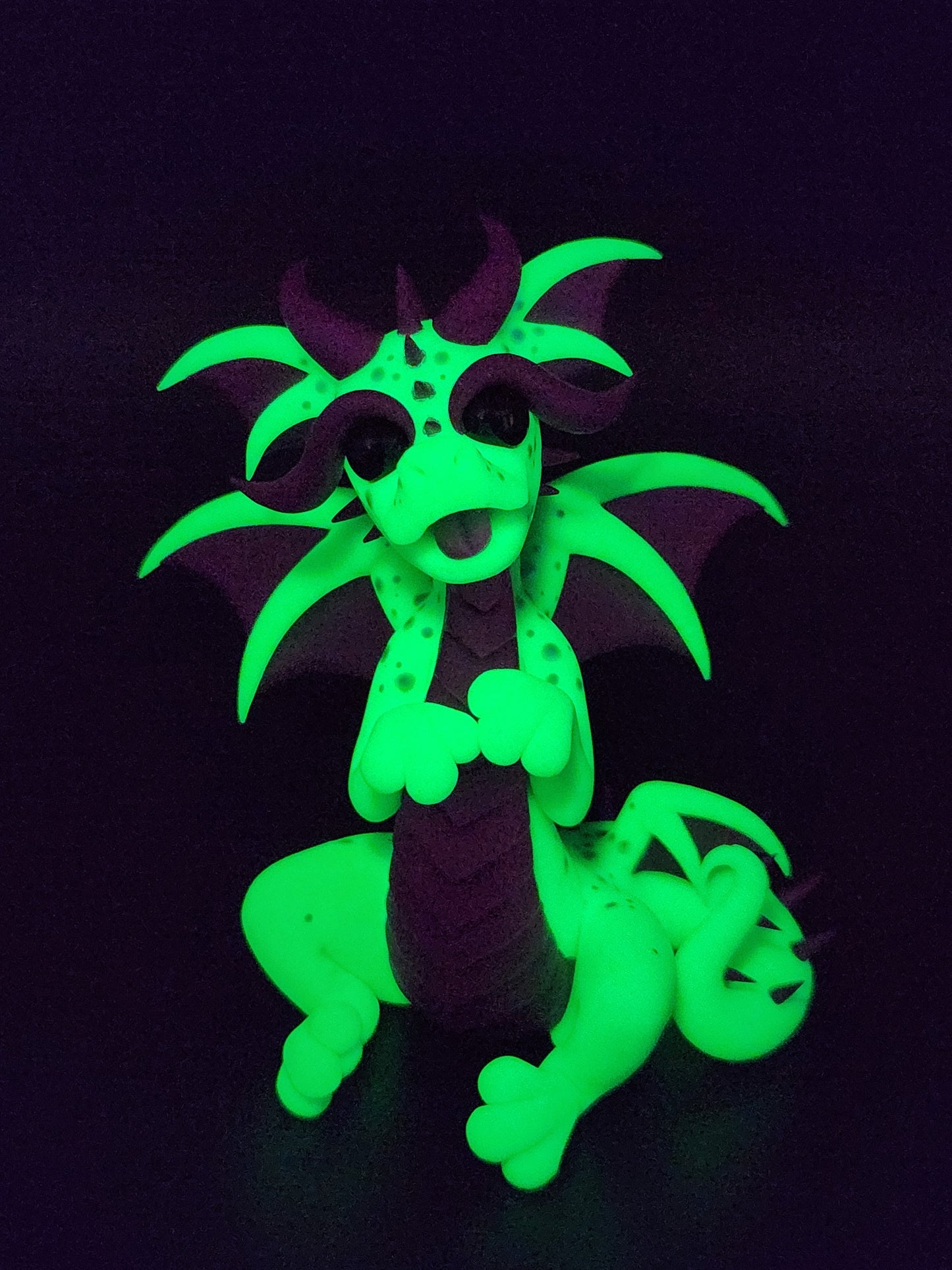 "Globoi" green and purple glow in the dark alien dragon sculpture