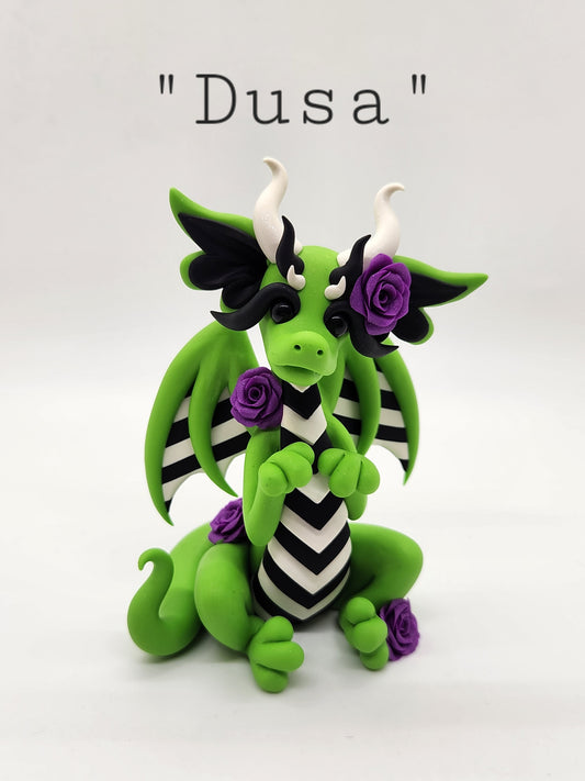 "Dusa" green, black and white dragon sculpture