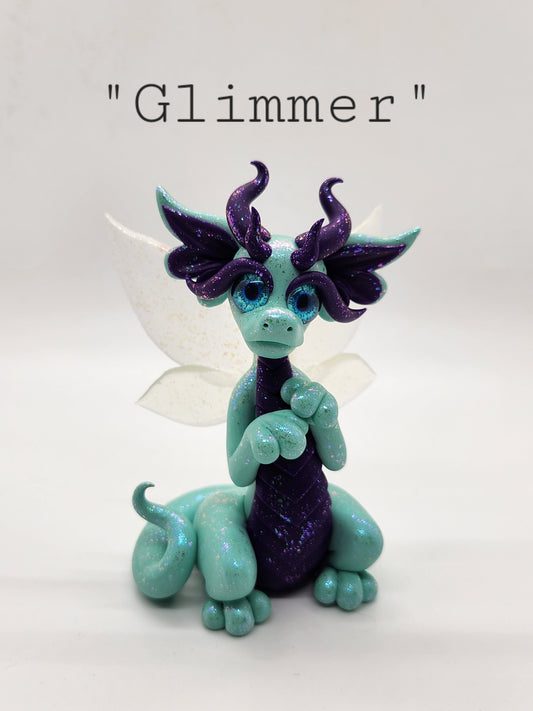 "Glimmer" mint and purple fairy dragon sculpture