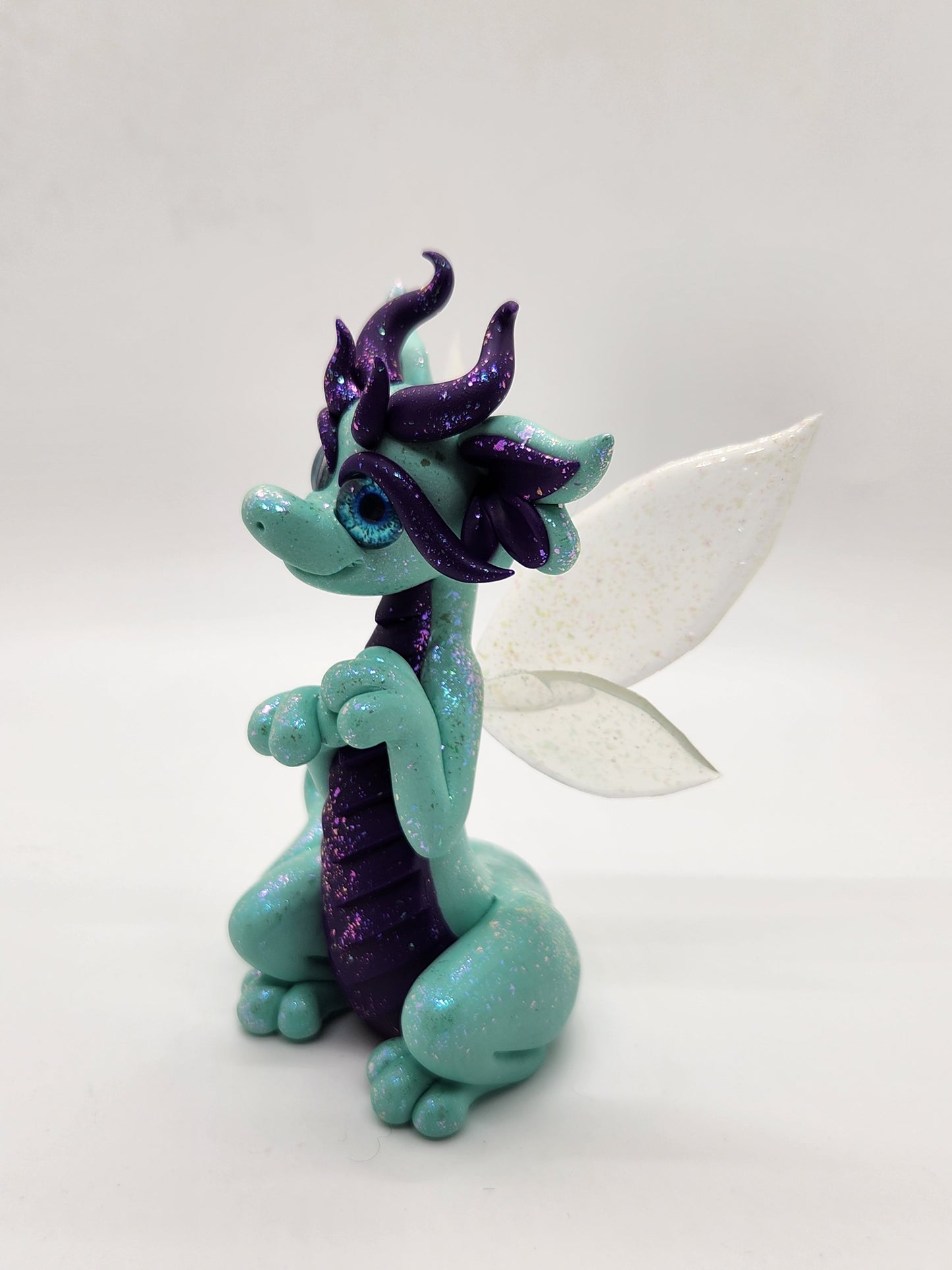 "Glimmer" mint and purple fairy dragon sculpture