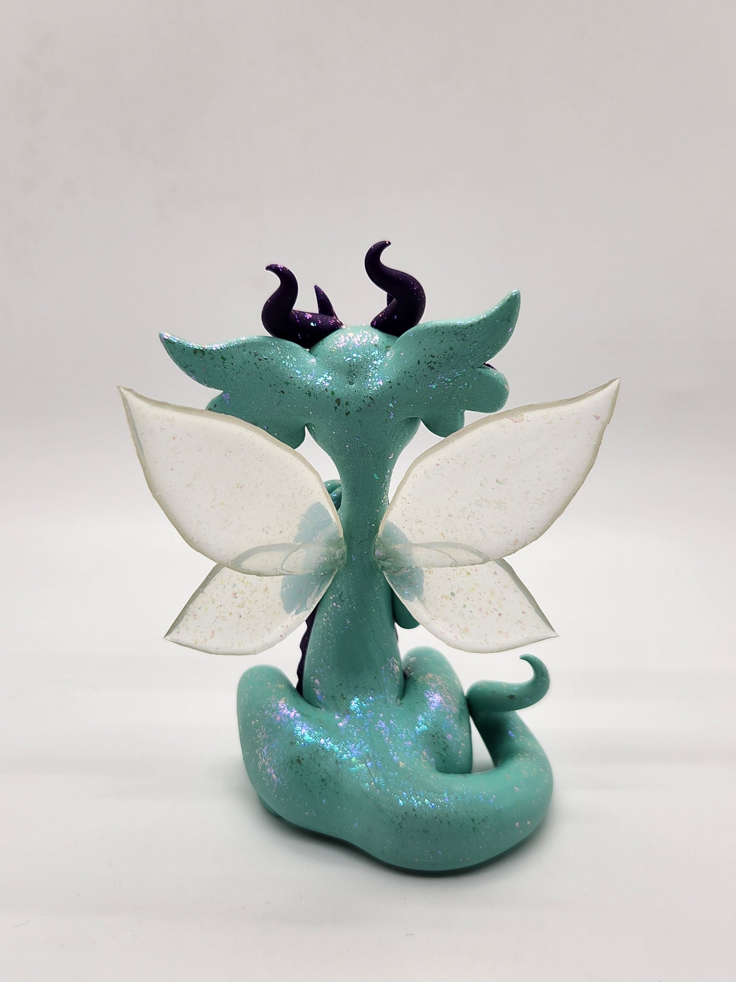 "Glimmer" mint and purple fairy dragon sculpture