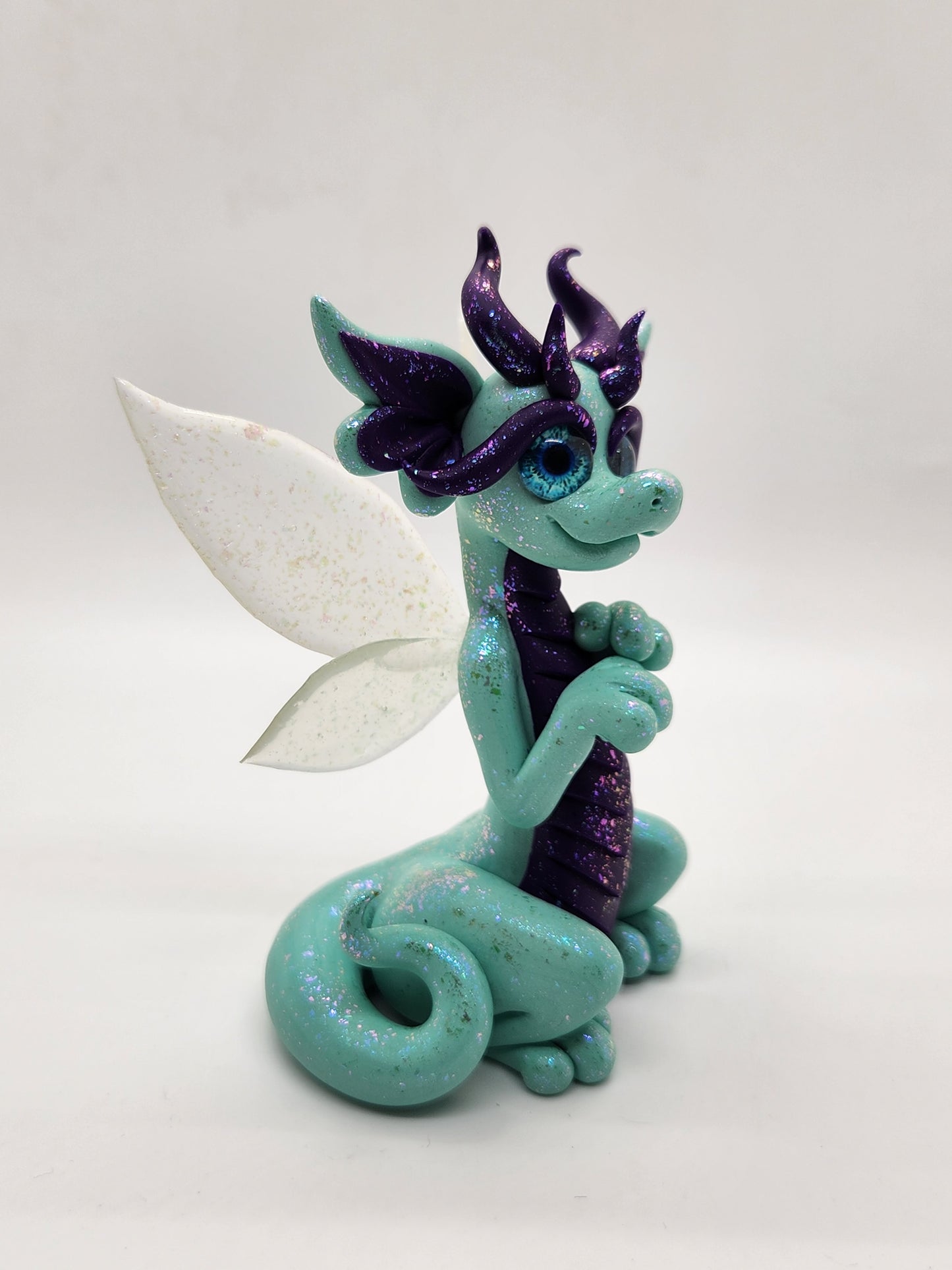 "Glimmer" mint and purple fairy dragon sculpture