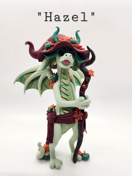 "Hazel" green and gold fall witch dragon sculpture