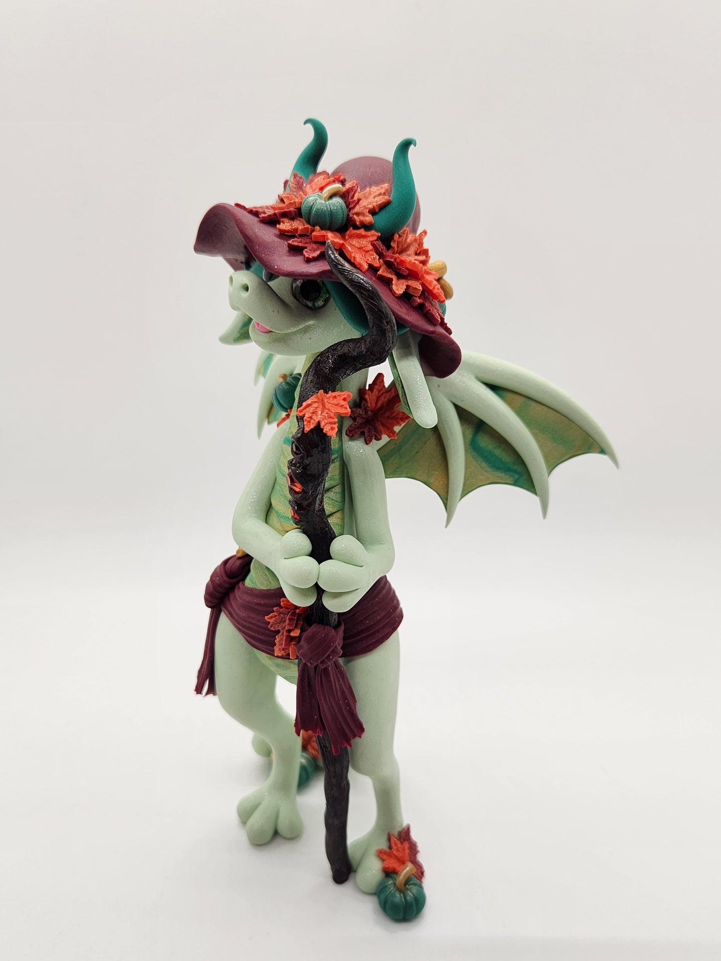 "Hazel" green and gold fall witch dragon sculpture