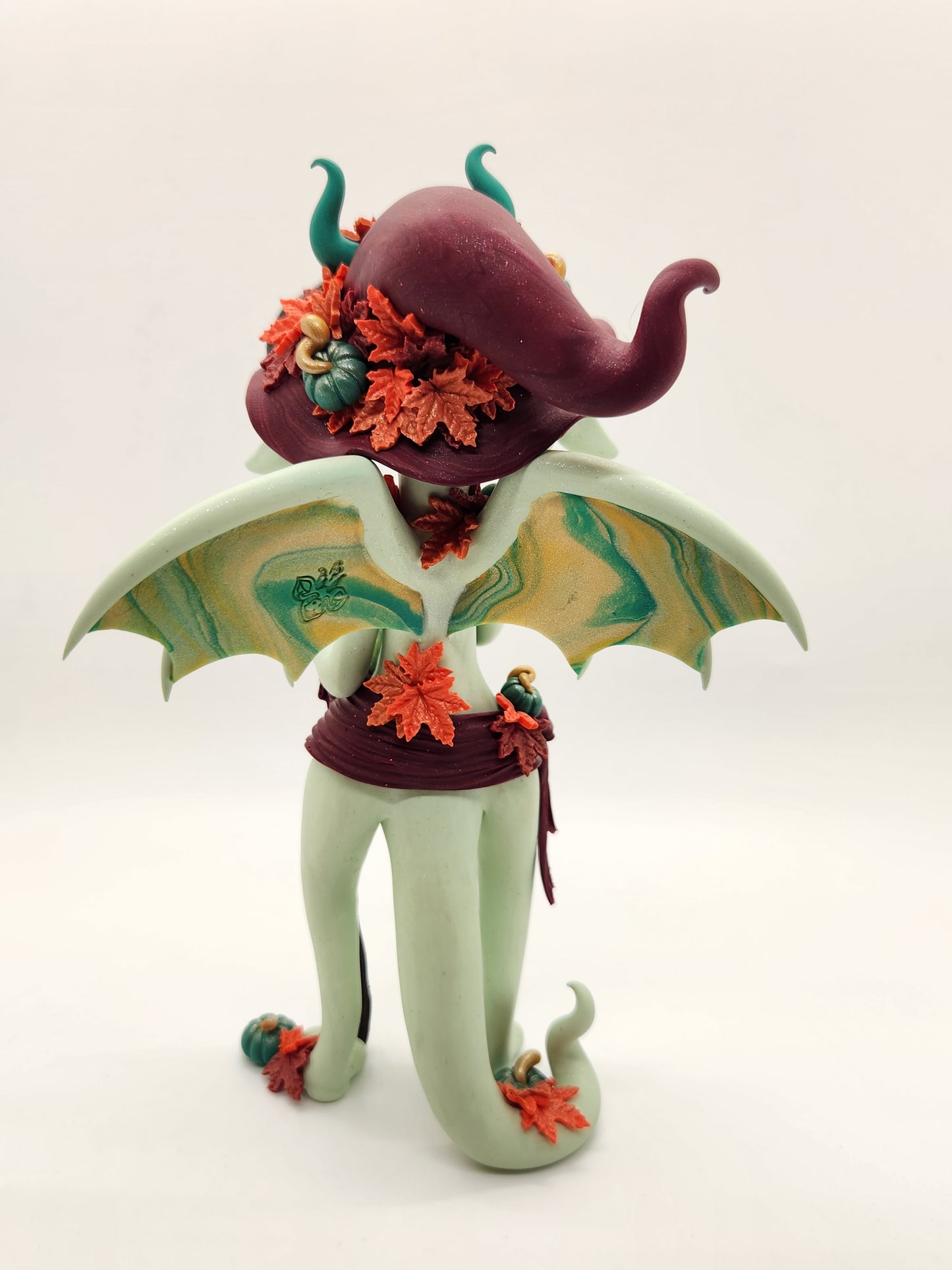 "Hazel" green and gold fall witch dragon sculpture