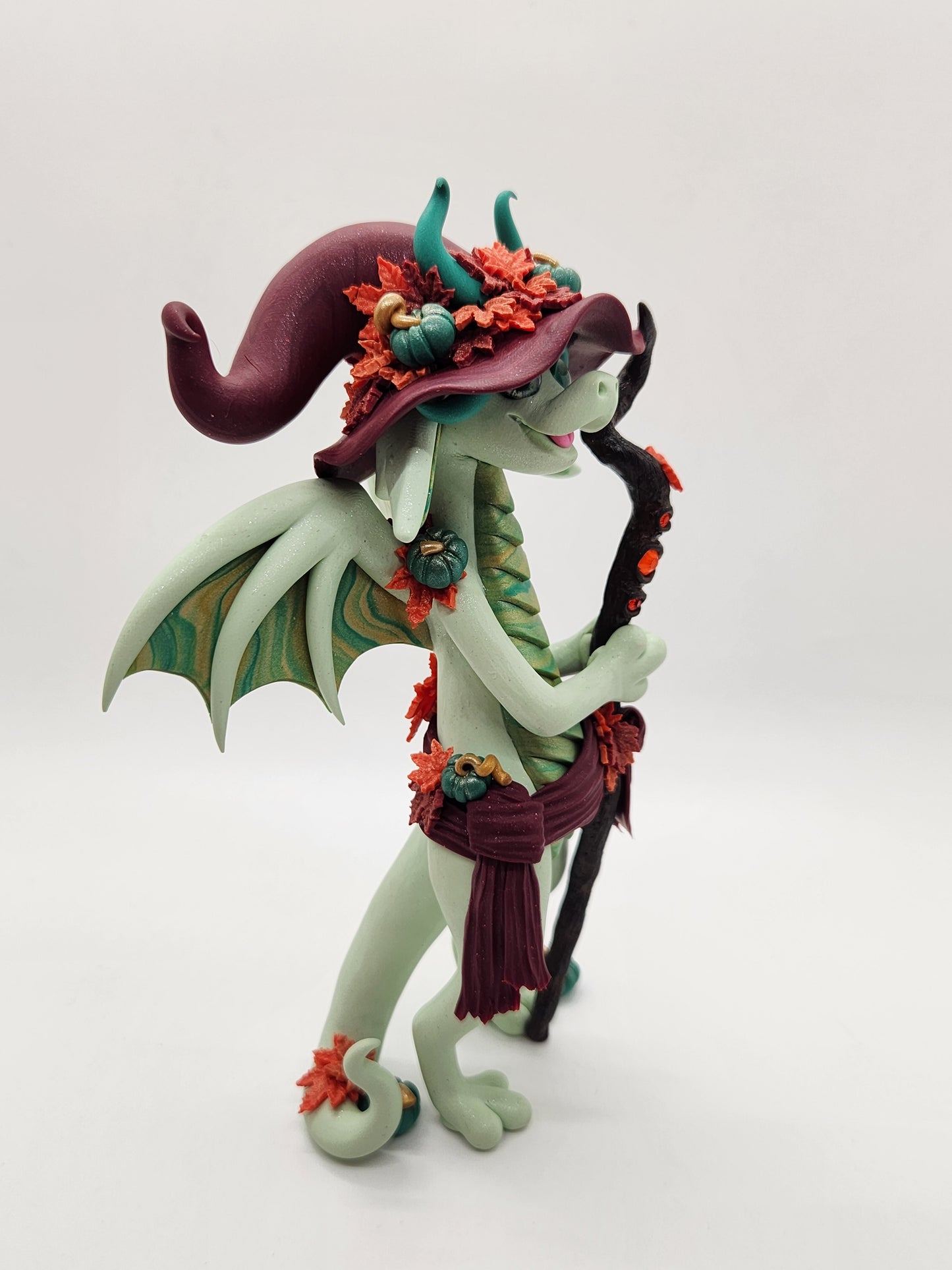 "Hazel" green and gold fall witch dragon sculpture