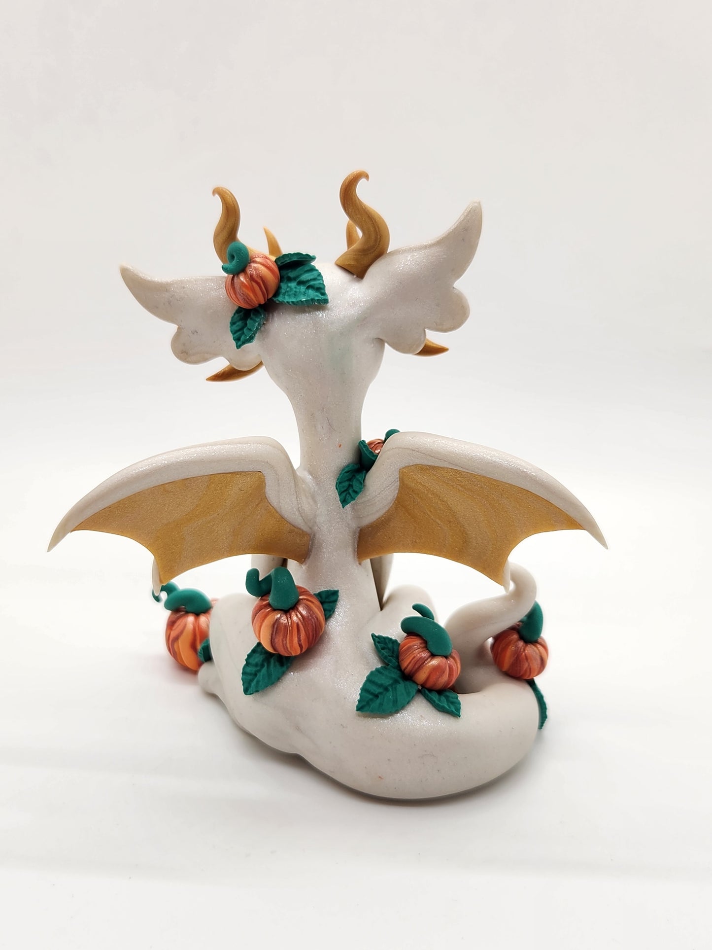 "Patch" white and gold pumpkin dragon sculpture