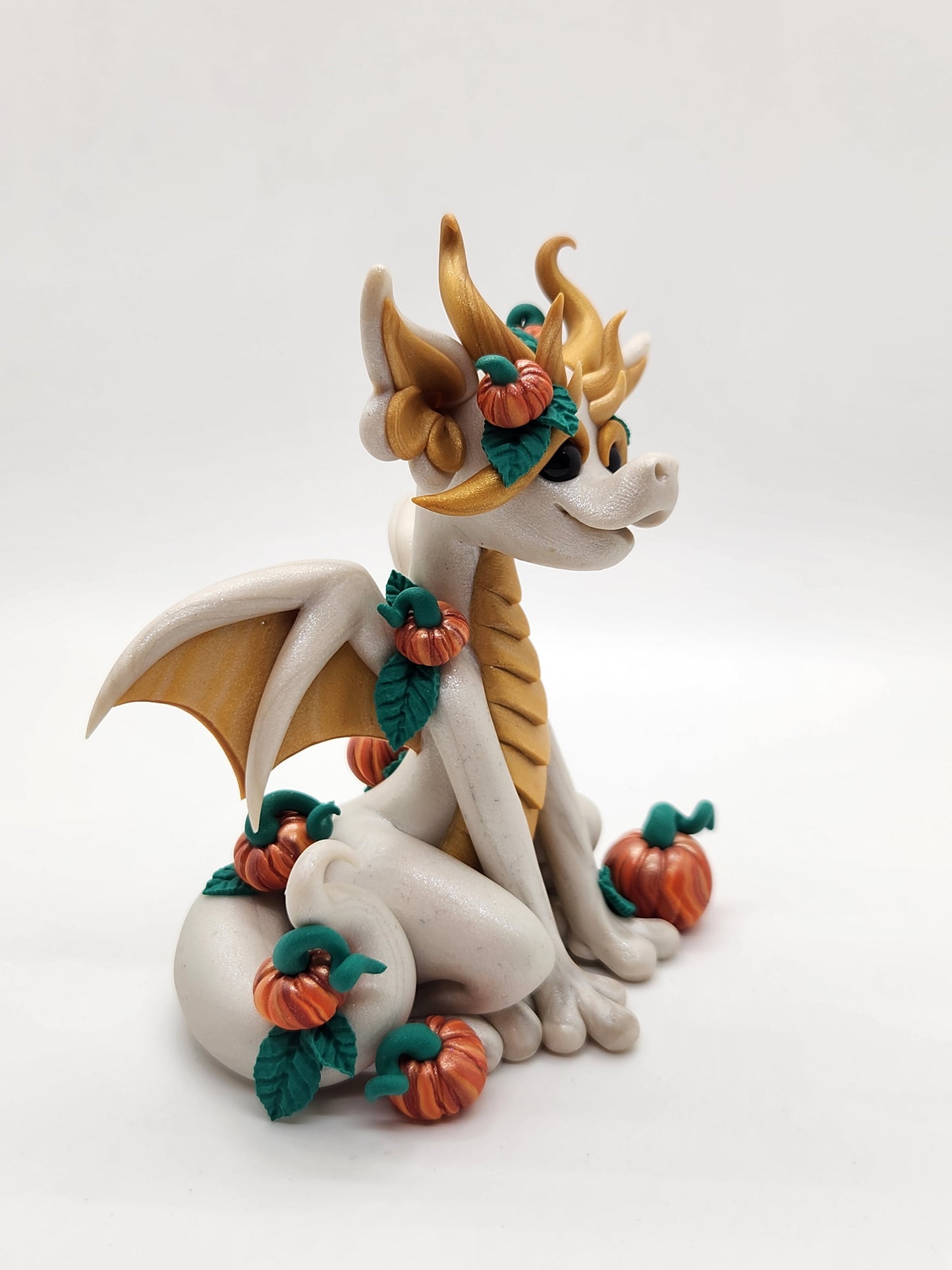 "Patch" white and gold pumpkin dragon sculpture