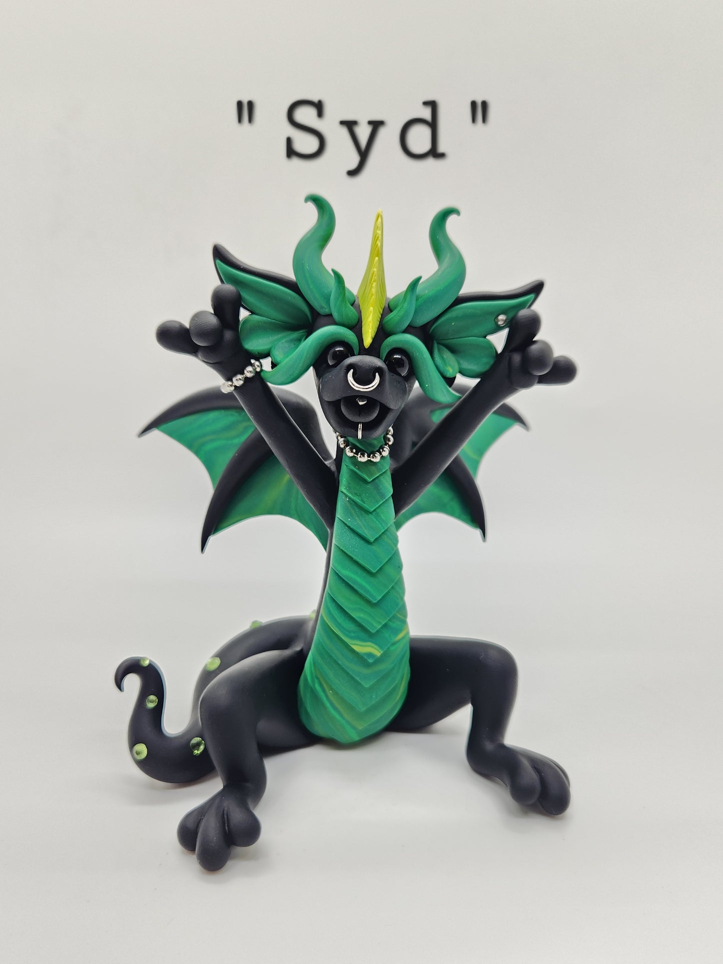 "Syd" black and green punk dragon sculpture