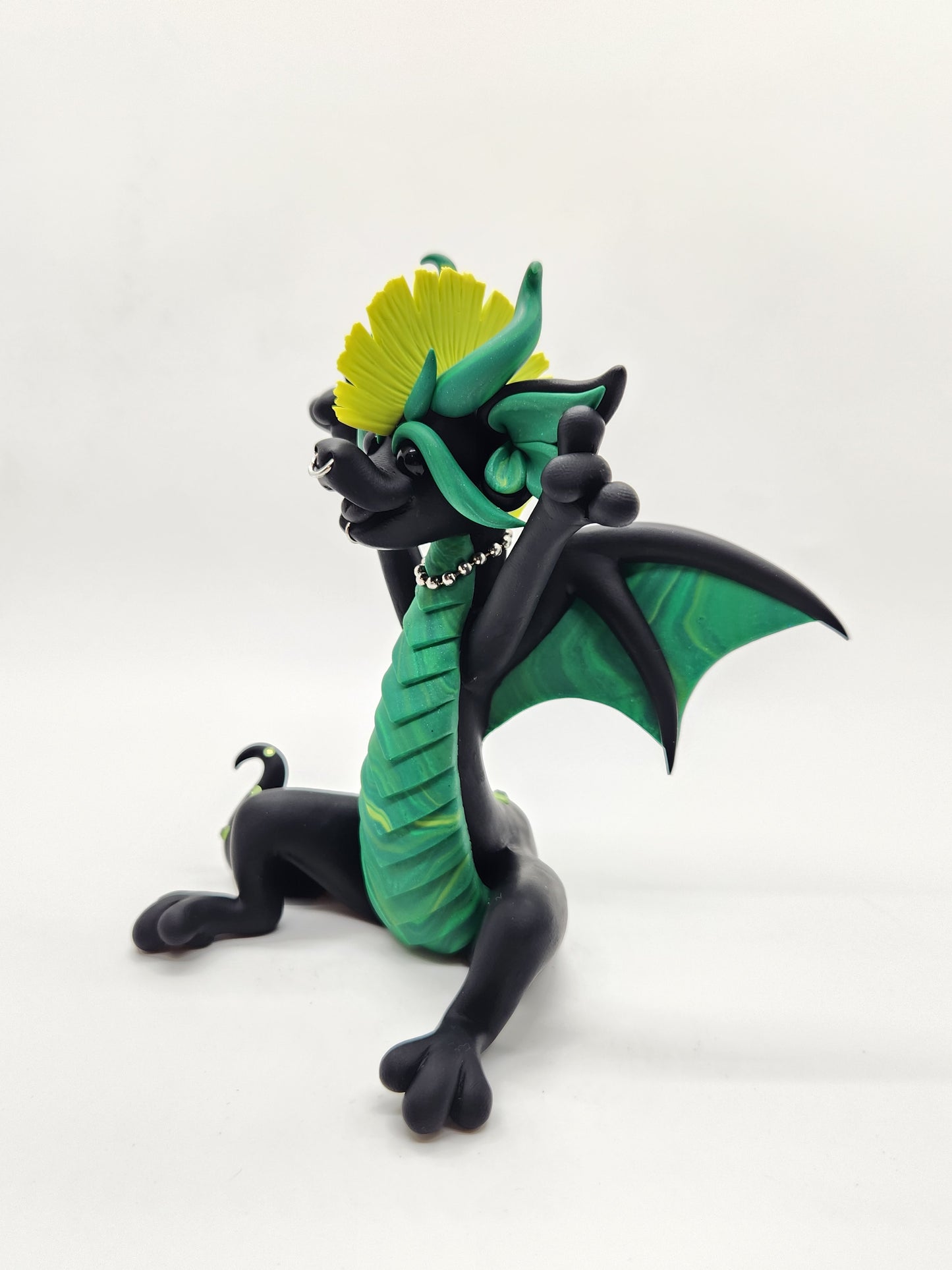 "Syd" black and green punk dragon sculpture