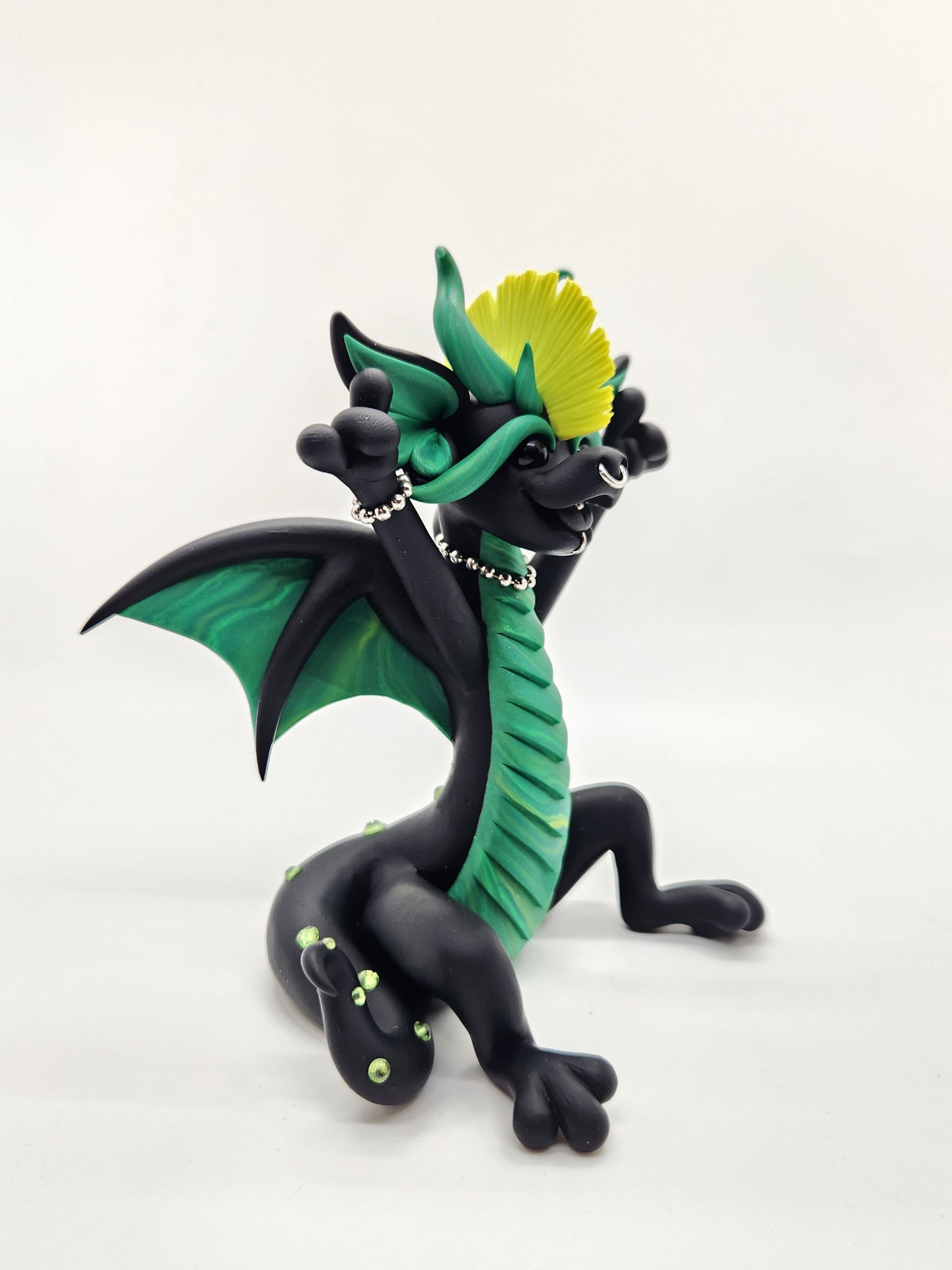 "Syd" black and green punk dragon sculpture