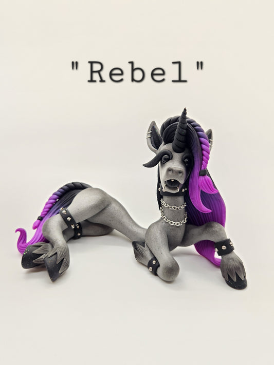 "Rebel" gray, black and purple punk unicorn sculpture