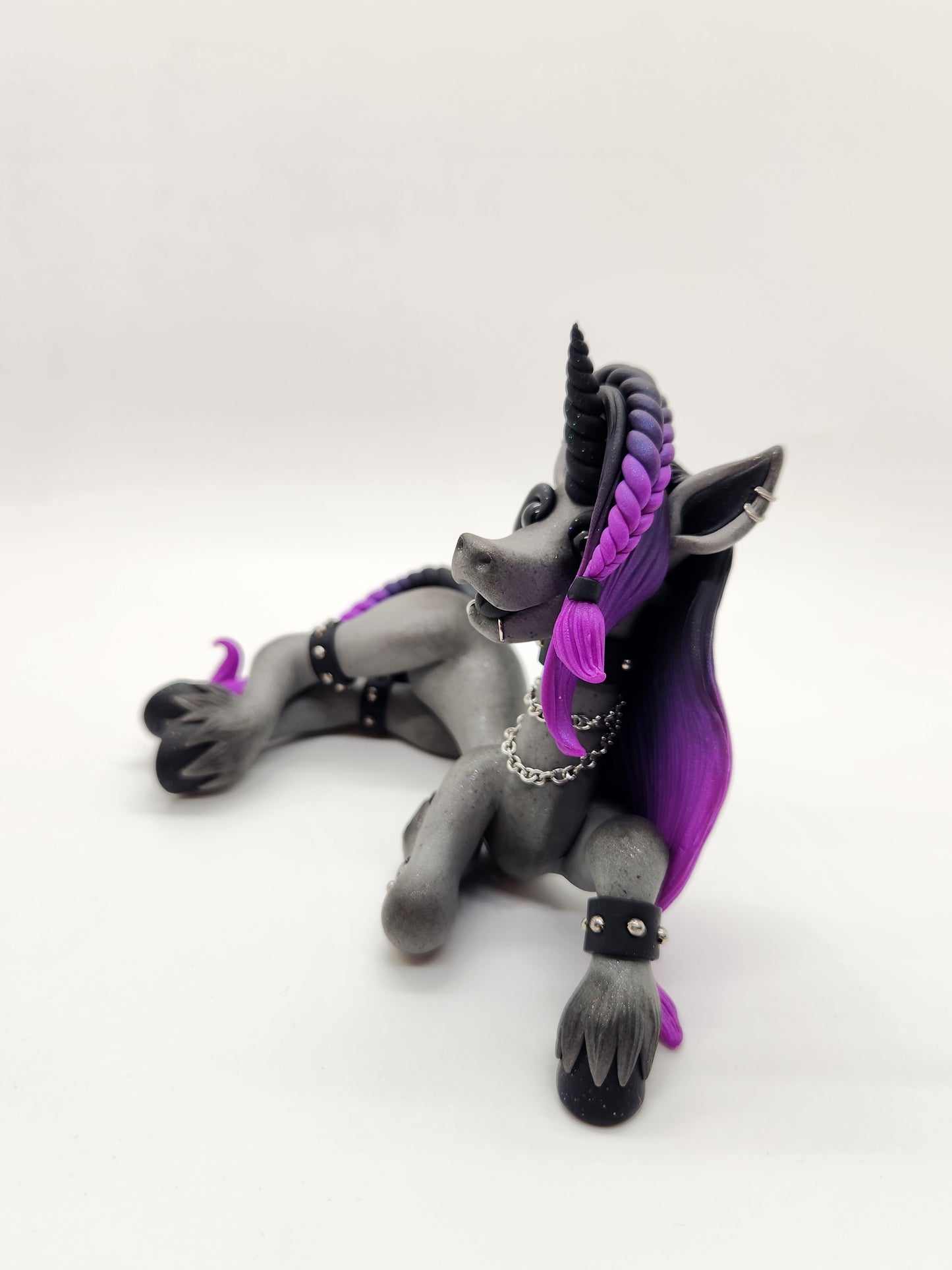 "Rebel" gray, black and purple punk unicorn sculpture