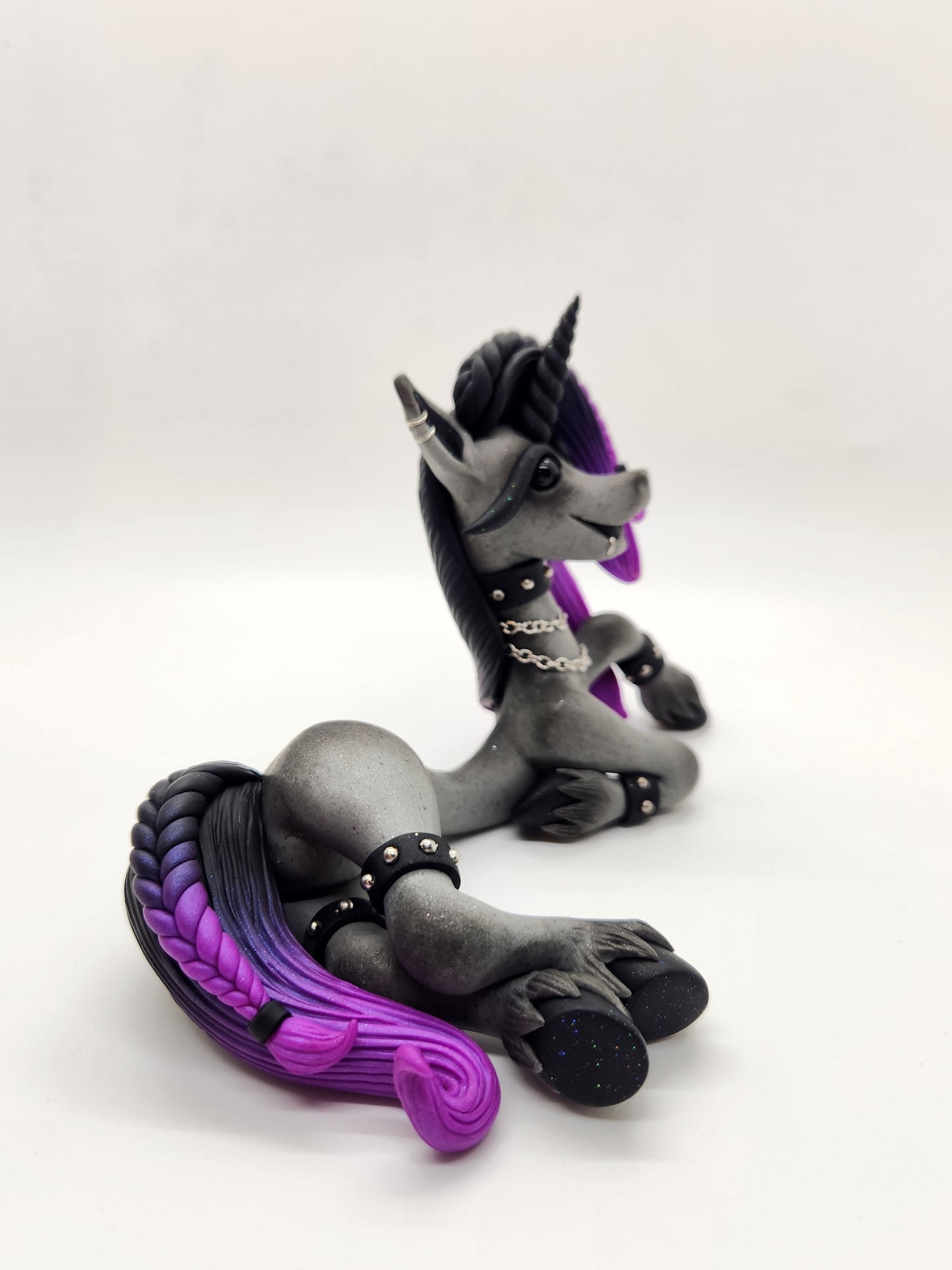 "Rebel" gray, black and purple punk unicorn sculpture