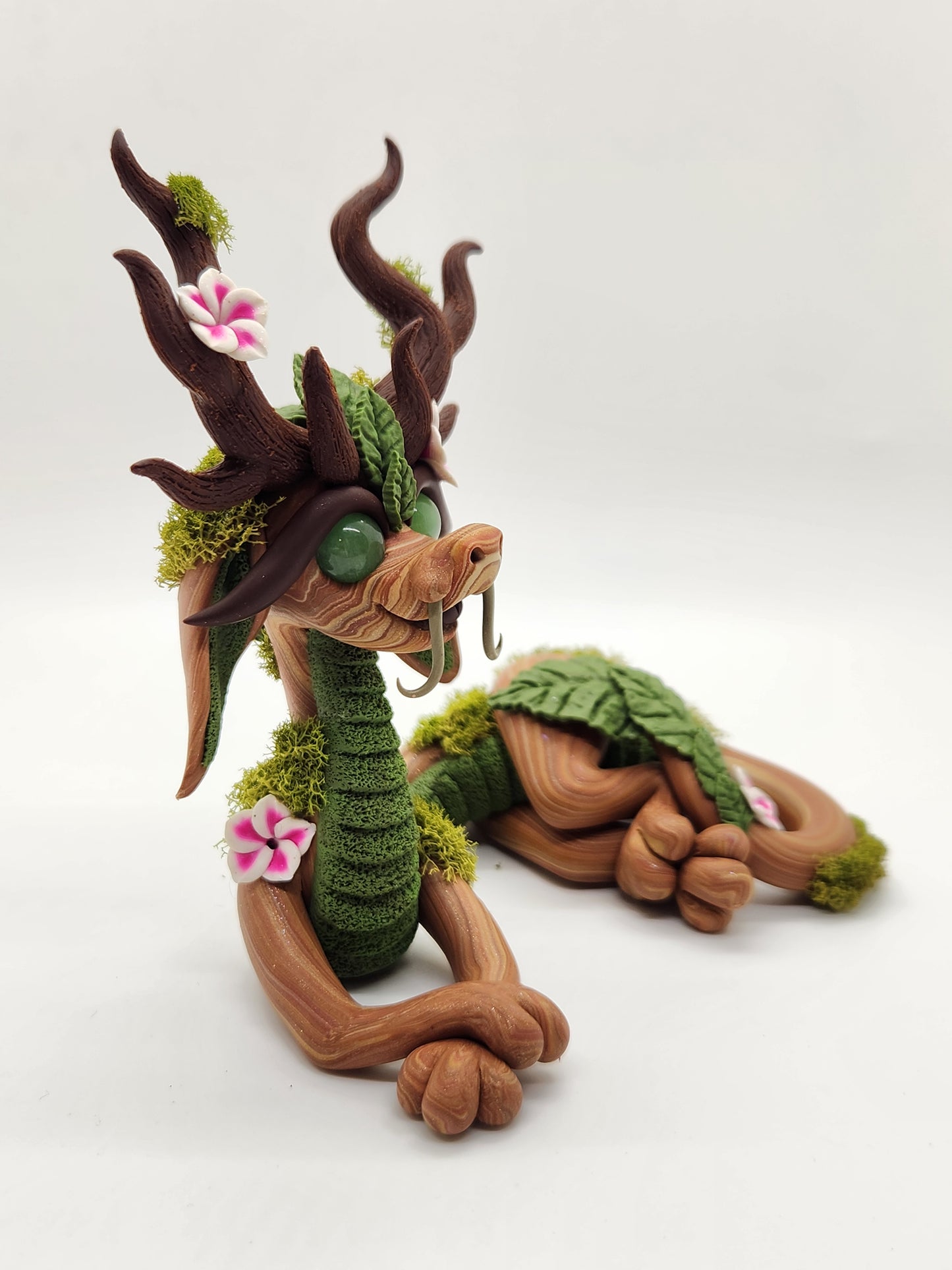 "Basoa" brown and green Chinese style wood dragon sculpture