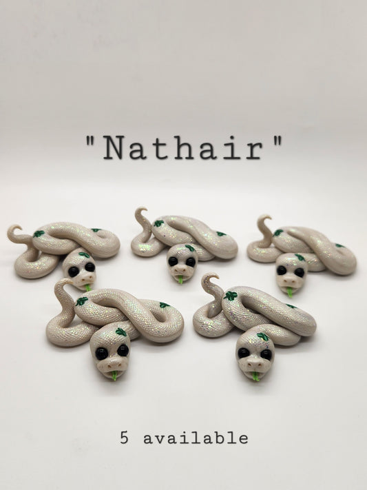 "Nathair" white and green snake sculpture