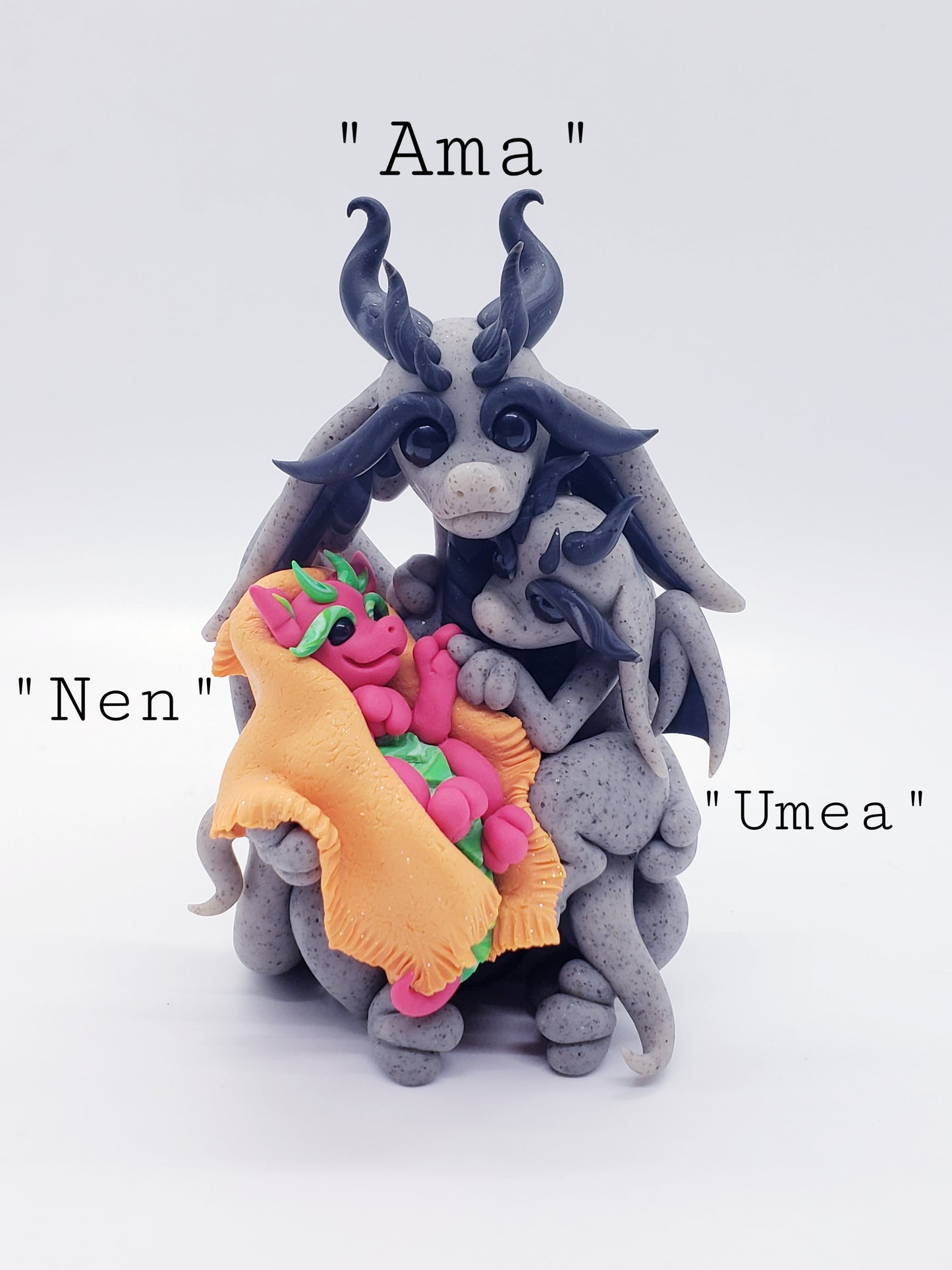 "Ama, Umea & Nen" Adopted dragon family sculpture