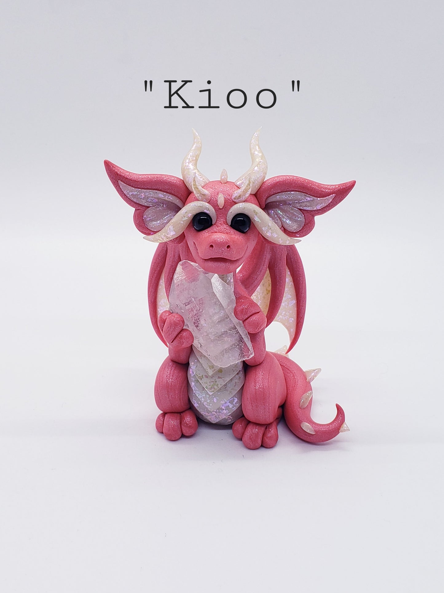 "Kioo"  pink dragon sculpture with quartz