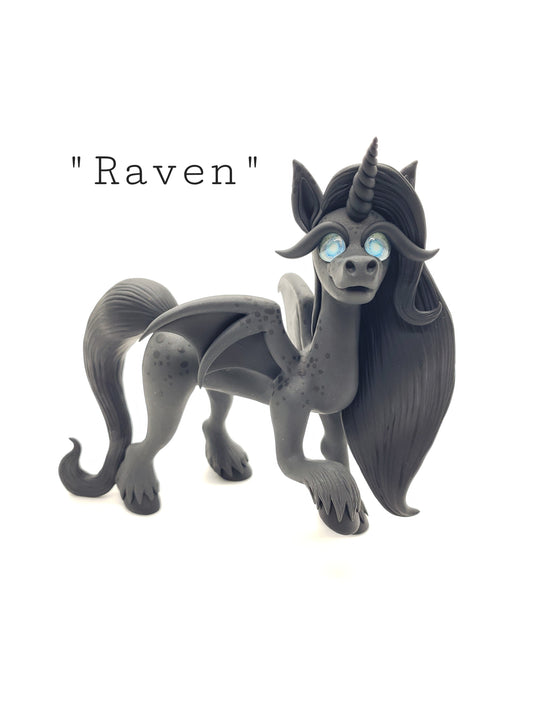 "Raven" gray and black pegasus unicorn sculpture