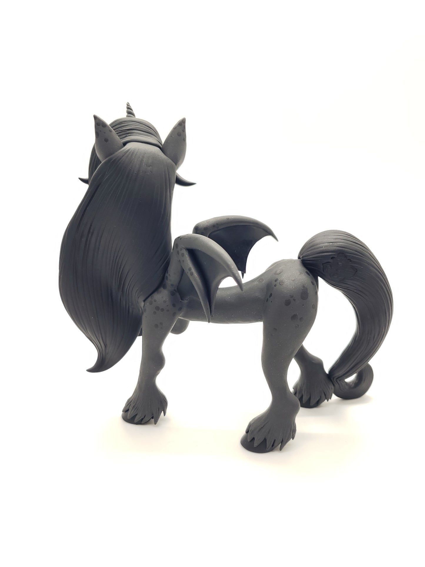 "Raven" gray and black pegasus unicorn sculpture