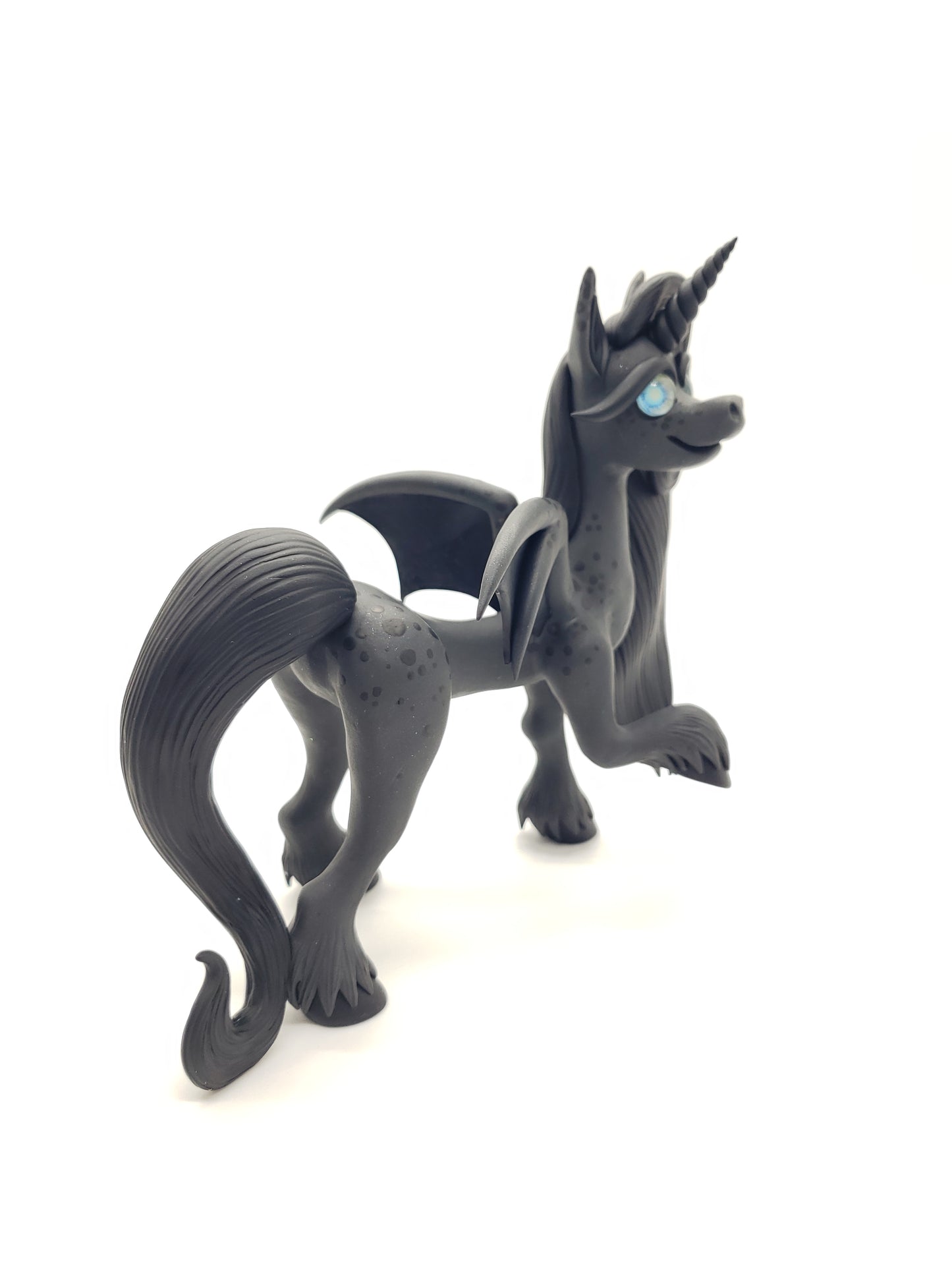 "Raven" gray and black pegasus unicorn sculpture