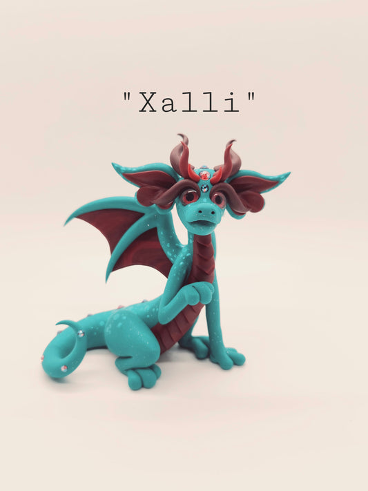 "Xalli" teal and red dragon sculpture