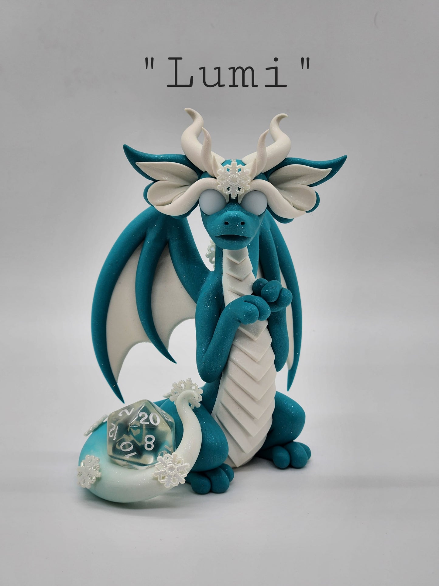 "Lumi" blue snow D20 dice guardian dragon sculpture