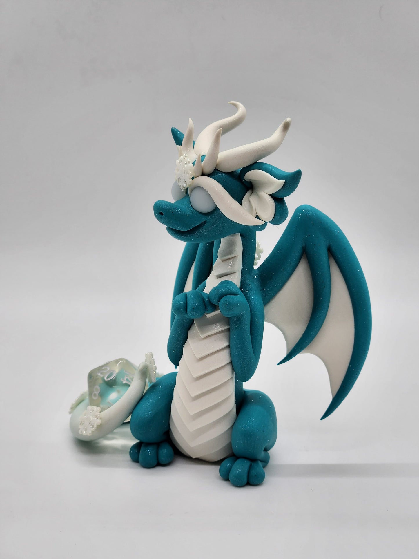 "Lumi" blue snow D20 dice guardian dragon sculpture