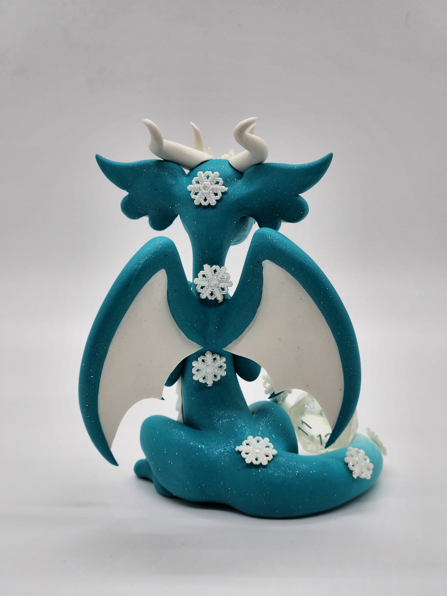 "Lumi" blue snow D20 dice guardian dragon sculpture