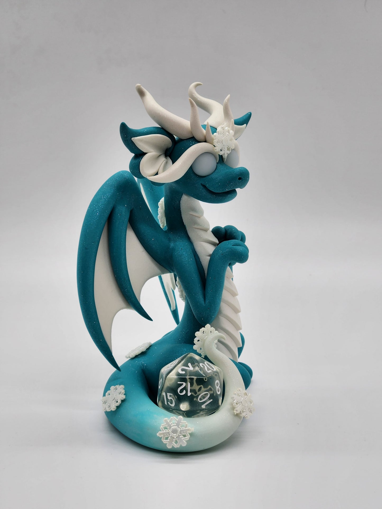 "Lumi" blue snow D20 dice guardian dragon sculpture