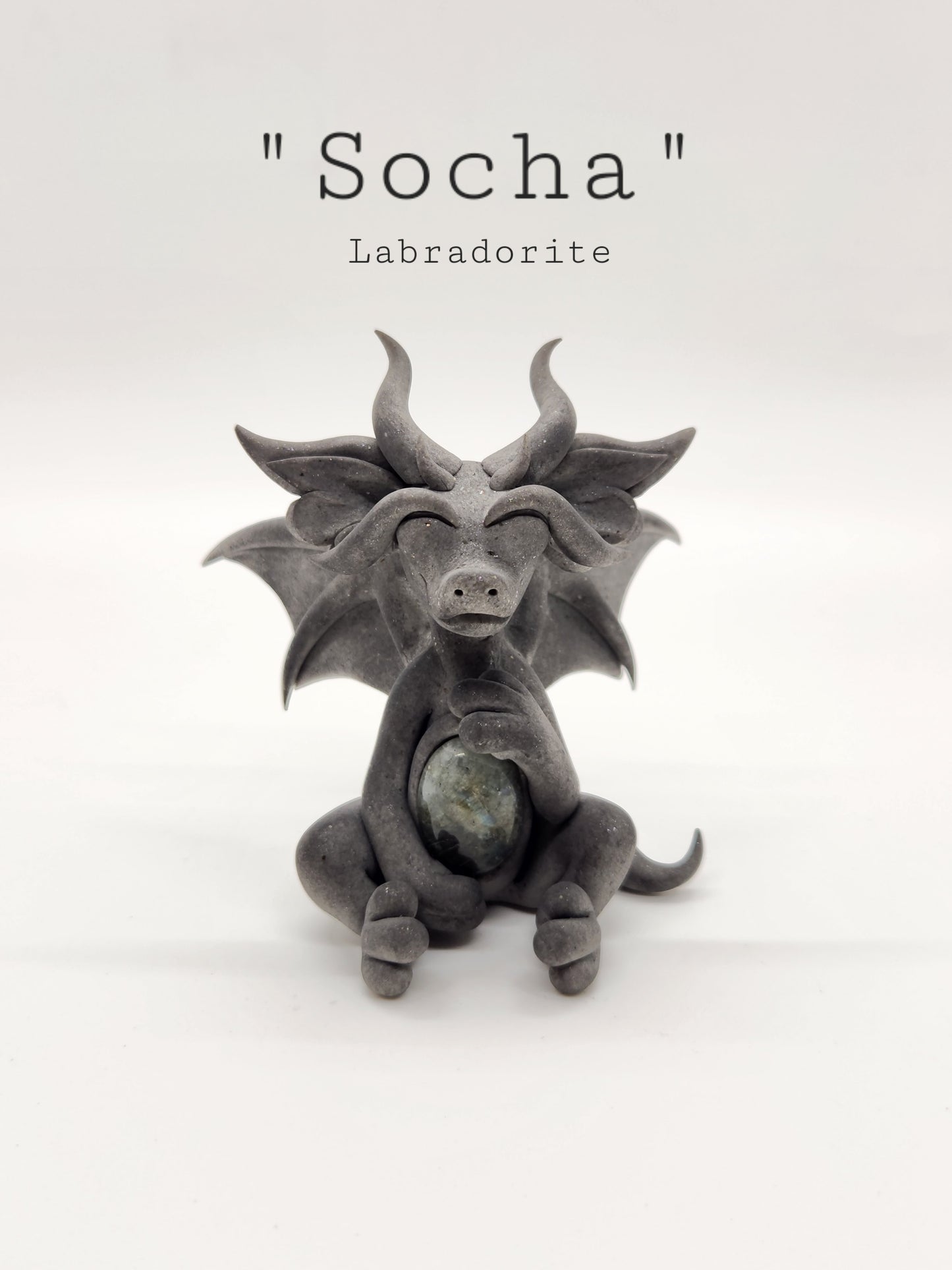 "Socha" gray dragon sculpture with labradorite belly