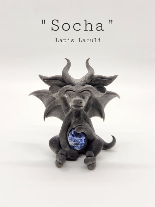 "Socha" gray dragon sculpture with lapis lazuli belly