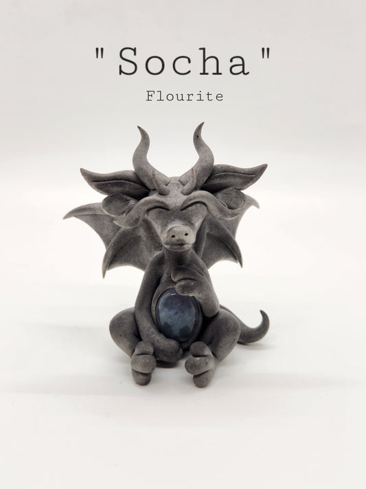 "Socha" gray dragon sculpture with flourite belly