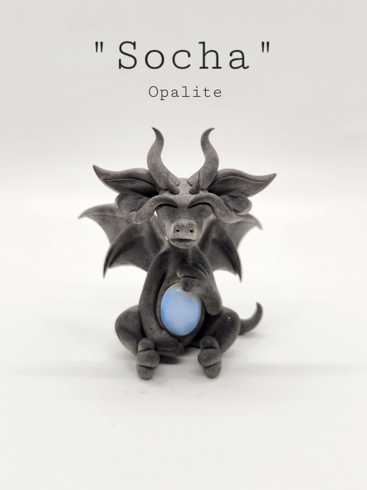 "Socha" gray dragon sculpture with opalite belly