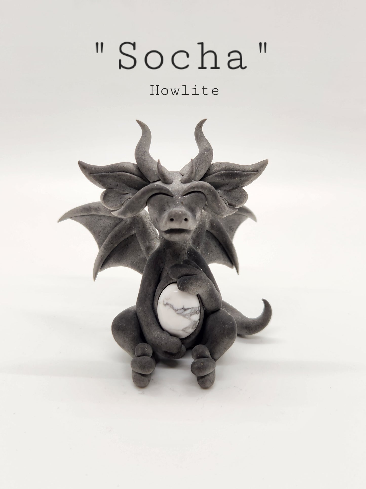 "Socha" gray dragon sculpture with howlite belly