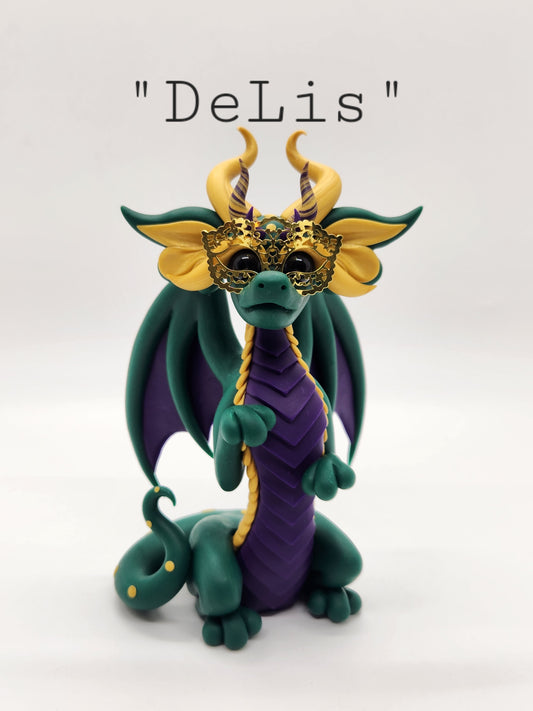 "DeLis" green masked mardi gras dragon sculpture