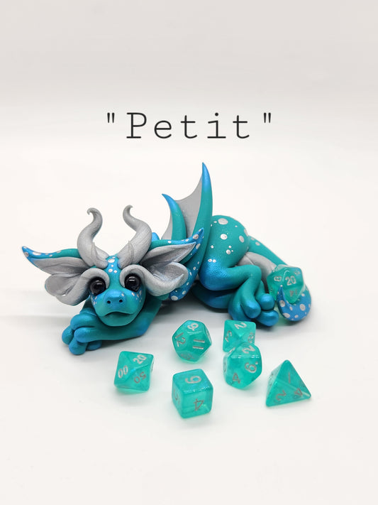 "Petit" teal mini dice set dragon sculpture