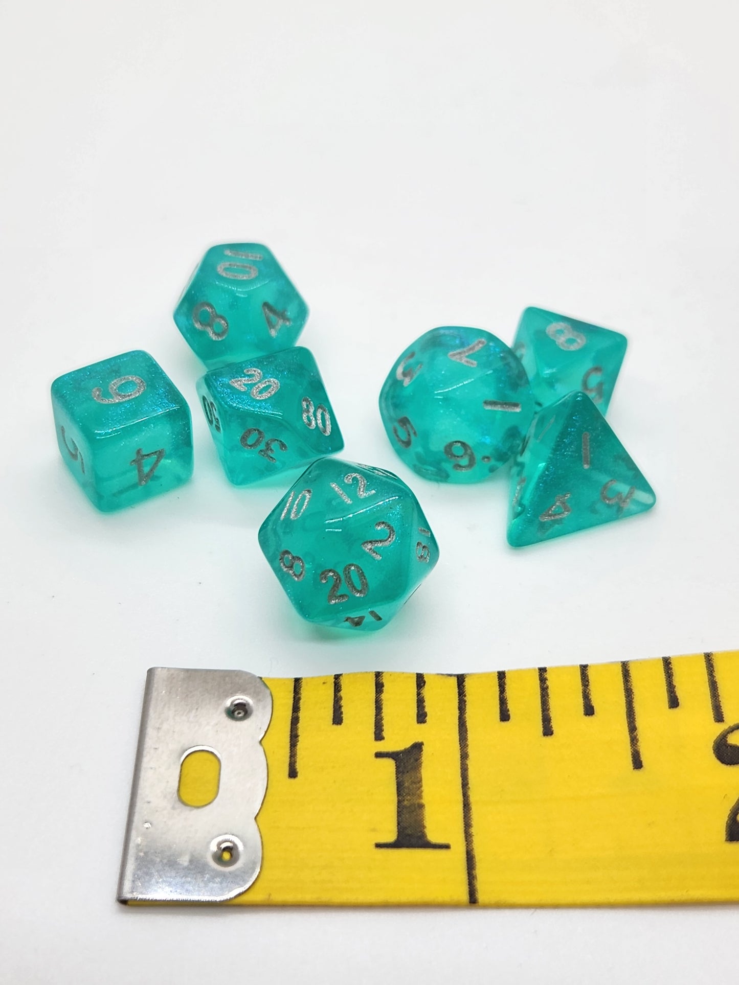 "Petit" teal mini dice set dragon sculpture